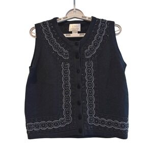 Field Manor Black Lambswool Beaded Button Front Sleeveless Vest Woman's Medium